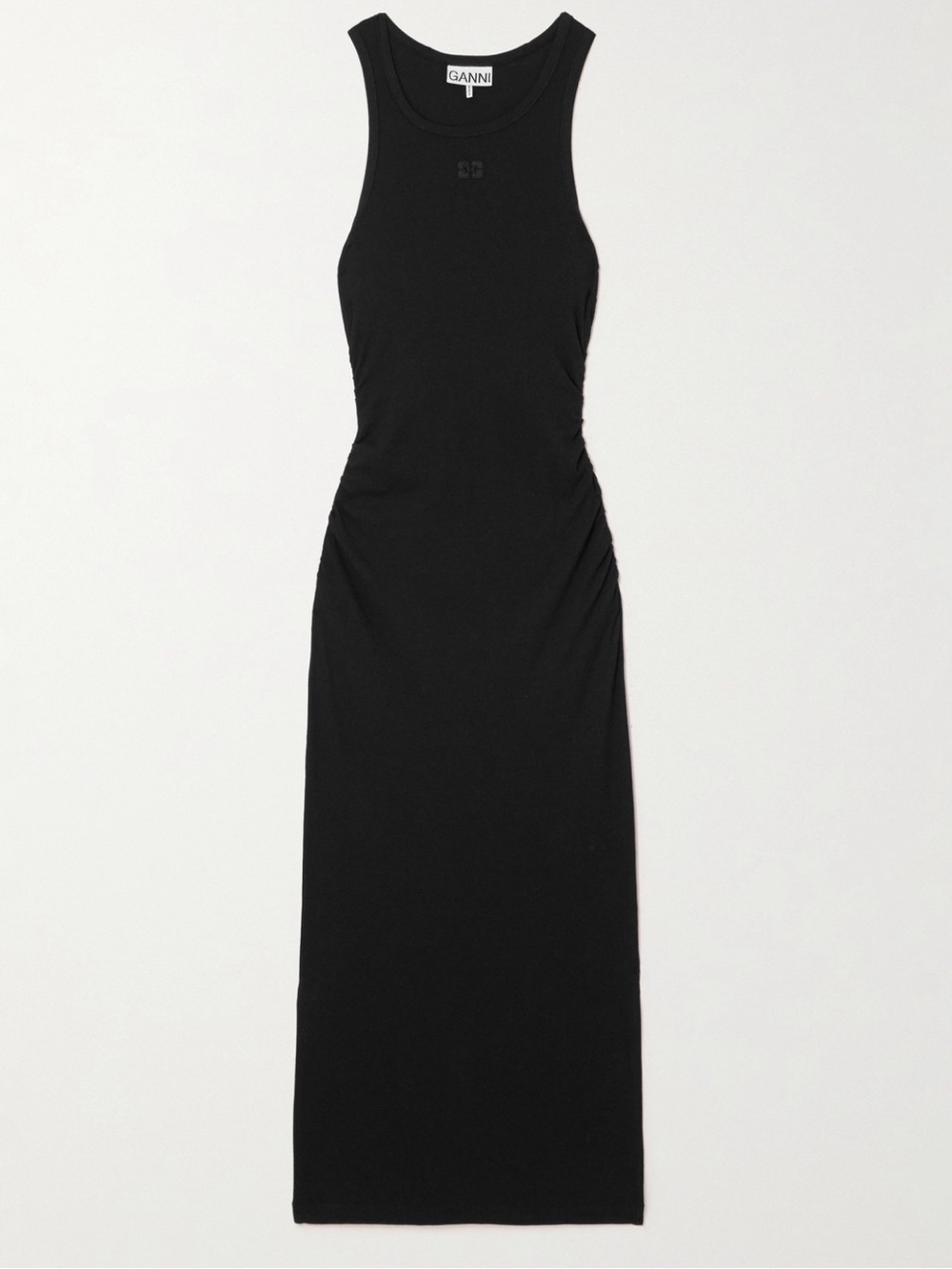 GANNI
Ruched ribbed organic cotton-blend midi dress- black
